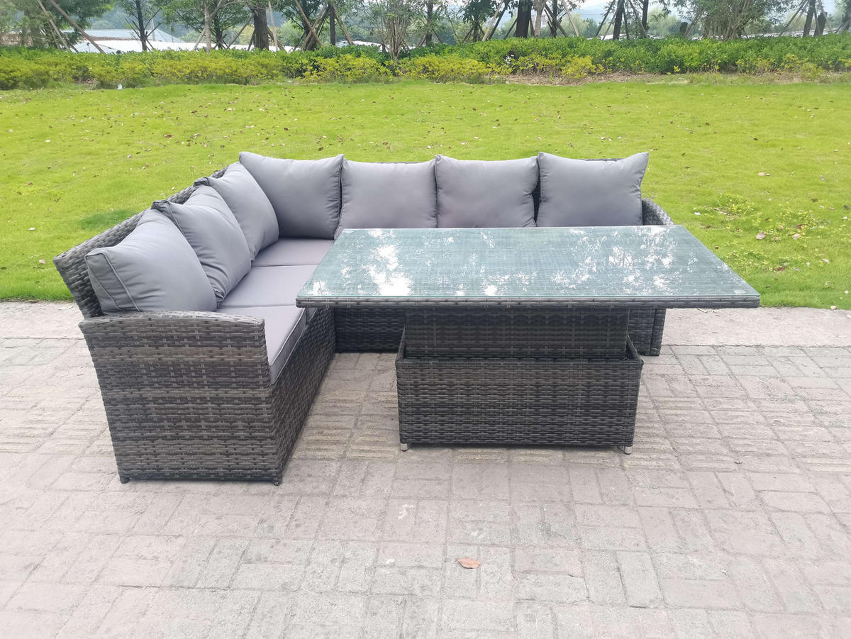 GARTENMÖBEL SET mit höhenverstellbarer Tisch Polyrattan Dunkelgrau 6-Sitzer - Dunkelgrau/Grau, Glas/Kunststoff - Fimous