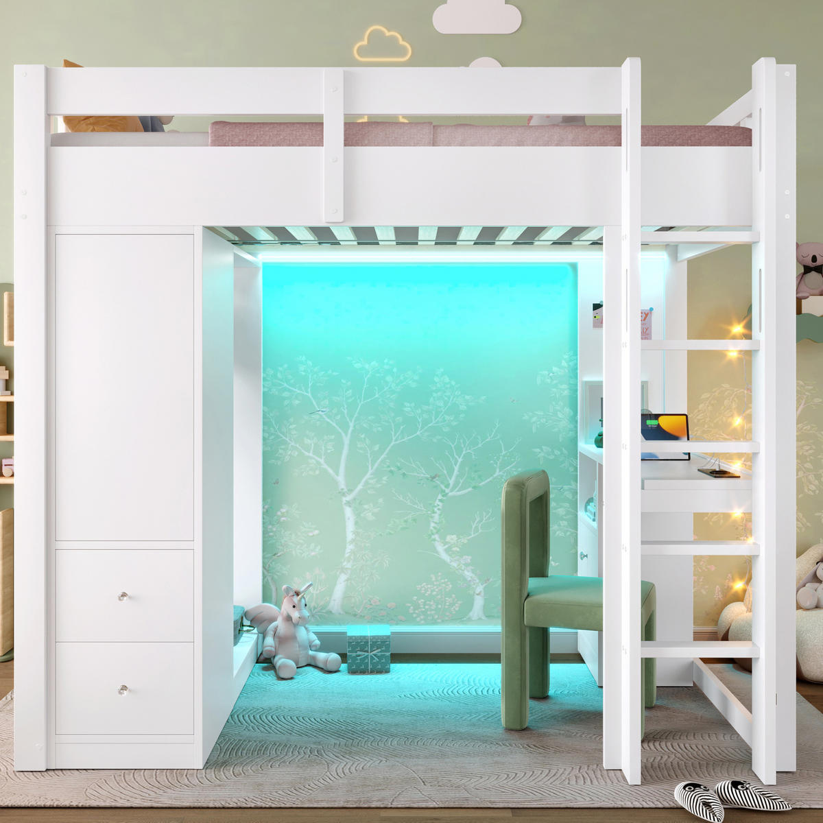 HOCHBETT 90/200 cm Weiß mit Schreibtisch, LED und 4 Schubladen - Weiß, Holz (90/200cm) - MIVRAY
