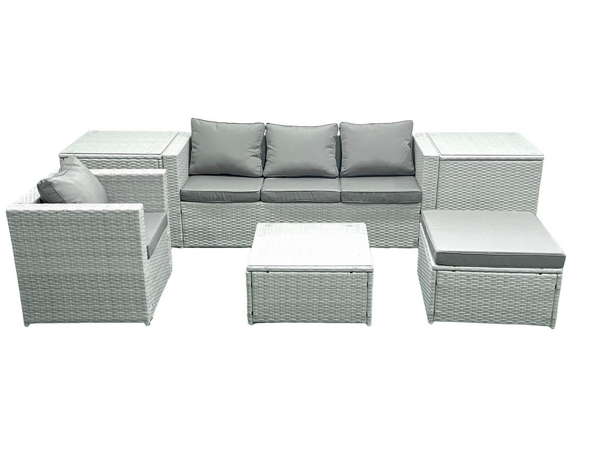 GARTENMÖBELSET mit 3-SITZER SOFA,COUCHTISCH Polyrattan Hellgrau-Mix 5-Sitzer - Hellgrau/Grau, Glas/Kunststoff - Fimous