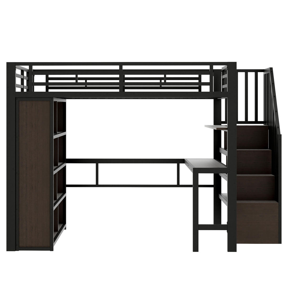 HOCHBETT 140/200 cm Schwarz mit Schreibtisch, Stauraumtreppe und LED-Beleuchtung - Schwarz, Metall (140/200cm) - Flora Grace