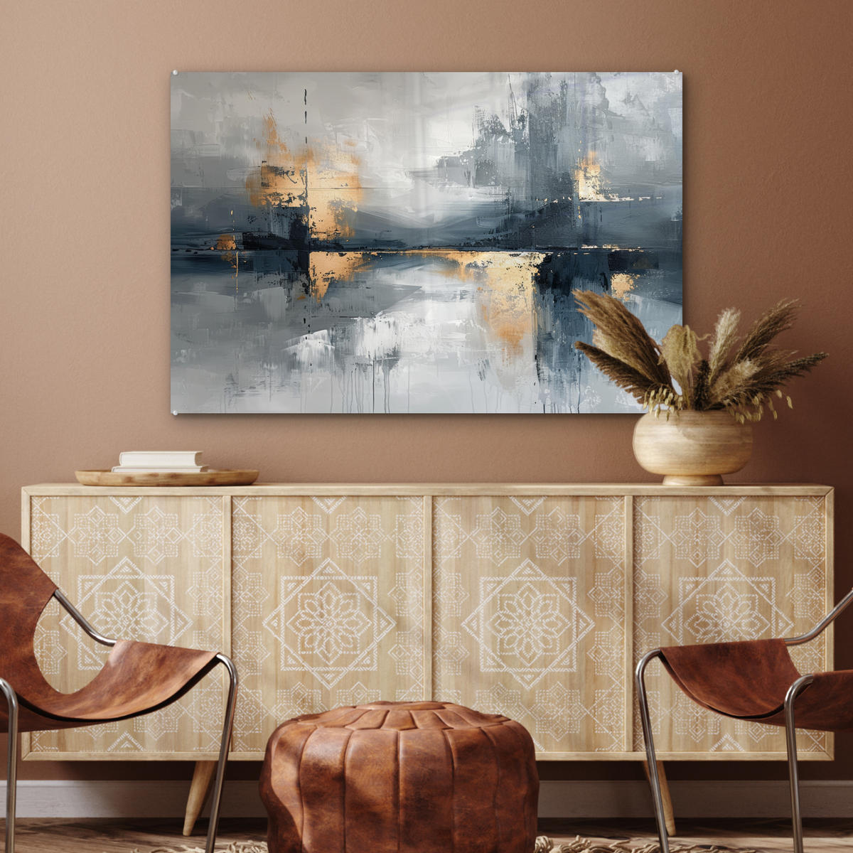 ACRYLGLASBILD Kunst - Grau - Gold - Abstrakt 90x60 cm - Dunkelgrau, Glas (90/60cm) - MuchoWow