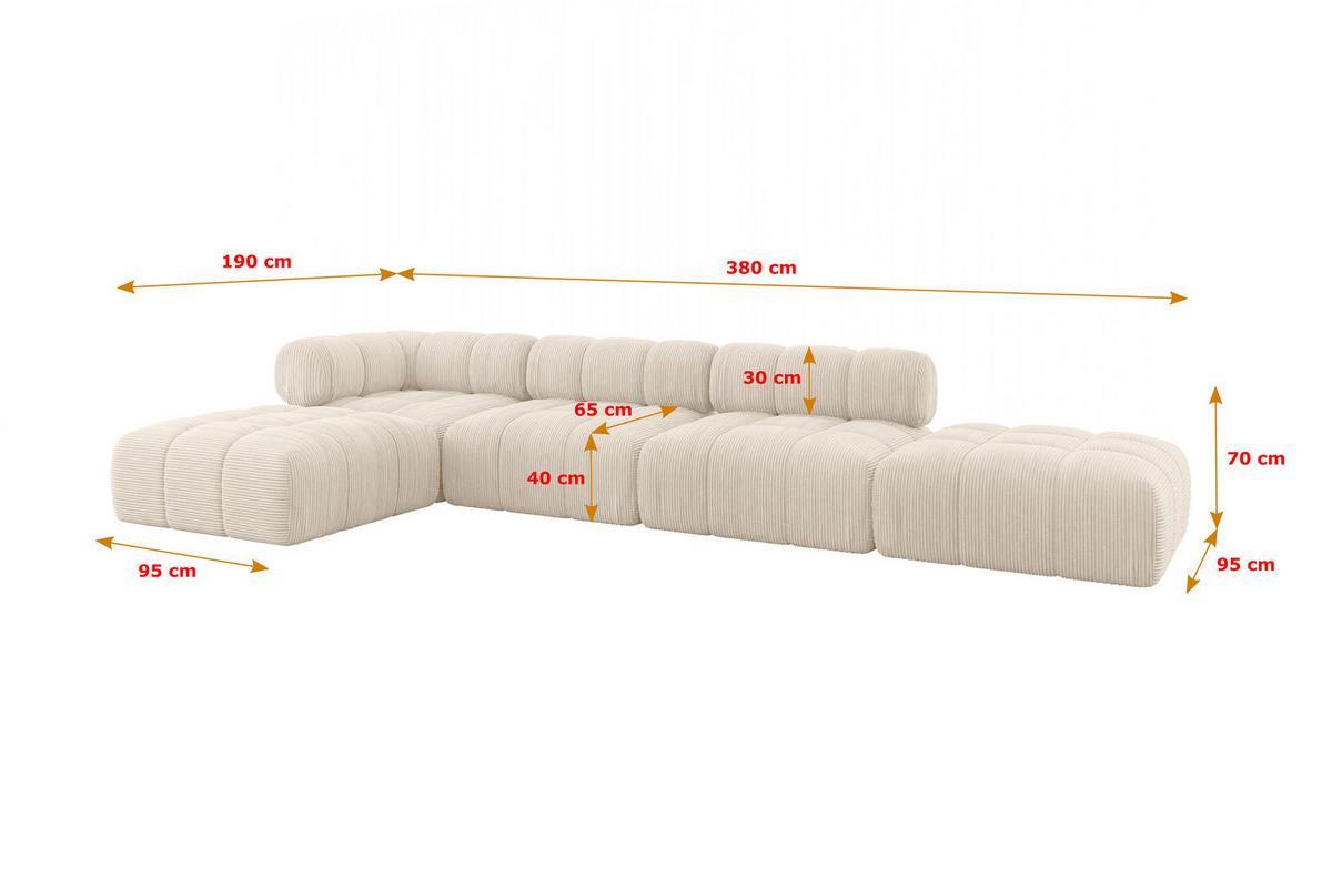 ECKSOFA modulares Sofa Kerru-L2 - 380x190x70 cm Beige Cord - Beige, Holzwerkstoff/Textil (380/190cm) - ALTDECOR