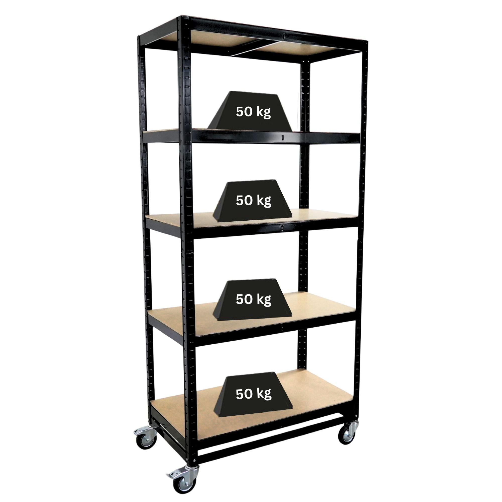 KOMMISSIONIERWAGEN BÜFFEL, 190x90x50cm, 5 Ebenen, Fachlast 50kg, 2X Lenkrollen & 2X Lenkrollen mit Feststellbremse, Schwarz - Schwarz, Metall (90/190/50cm) - PROREGAL