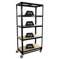 KOMMISSIONIERWAGEN BÜFFEL, 190x90x50cm, 5 Ebenen, Fachlast 50kg, 2X Lenkrollen & 2X Lenkrollen mit Feststellbremse, Schwarz - Schwarz, Metall (90/190/50cm) - PROREGAL