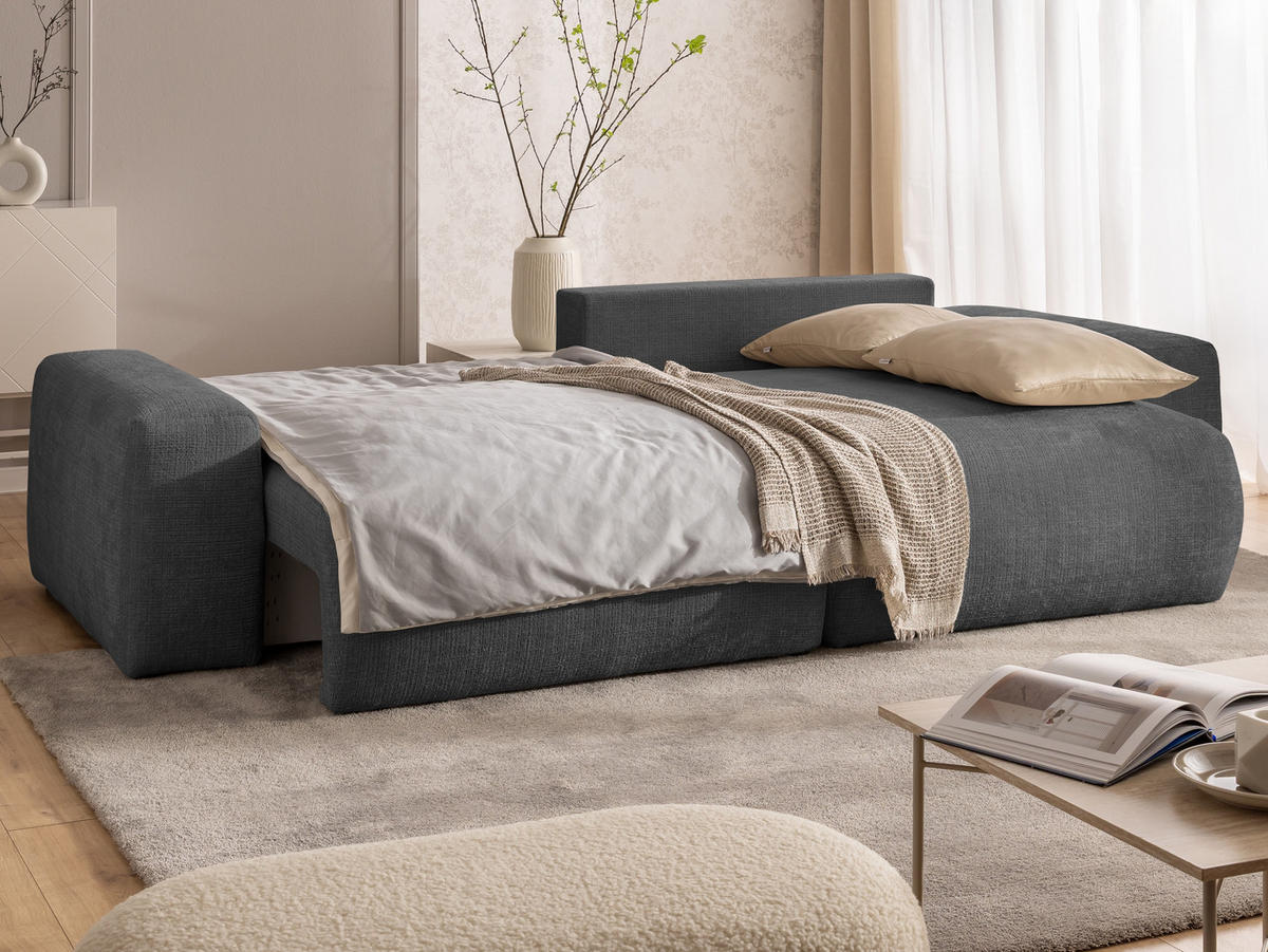 ECKSOFA Puffy mit Schlaffunktion und Bettkasten - besonders weich und puffig aus Grau Chenille-Stoff - Ottomane rechts - Schwarz/Grau, Holz/Kunststoff (266/138cm) - S-Style Möbel