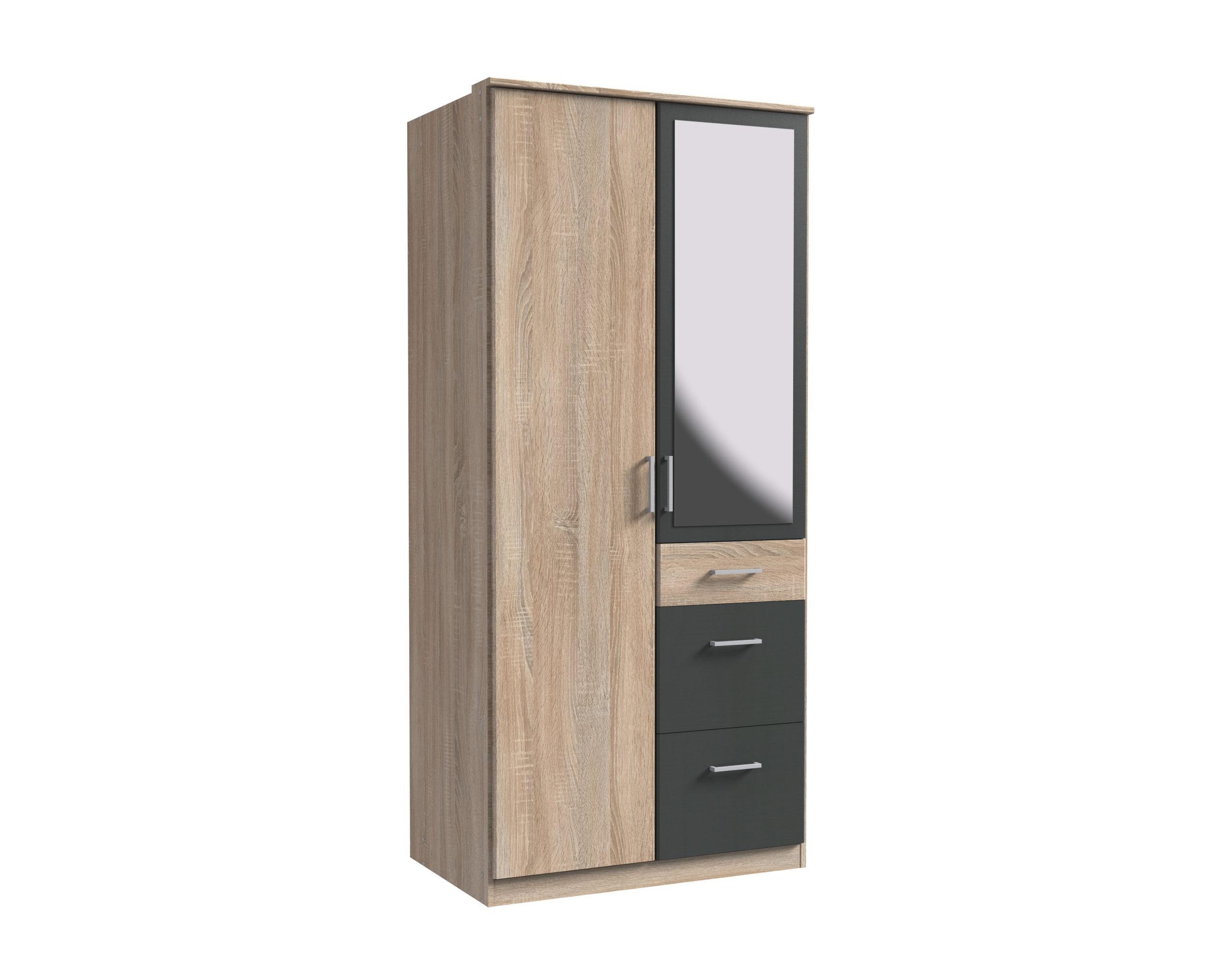 KLEIDERSCHRANK Click in Eiche Sägerau mit Grafit - Drehtürenschrank 91 cm Breite mit Spiegel - Braun, Holzwerkstoff (91/199/58cm)