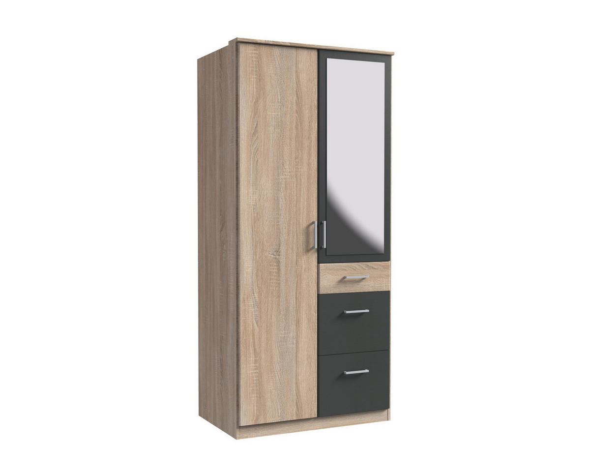 KLEIDERSCHRANK Click in Eiche Sägerau mit Grafit - Drehtürenschrank 91 cm Breite mit Spiegel - Braun, Holzwerkstoff (91/199/58cm)