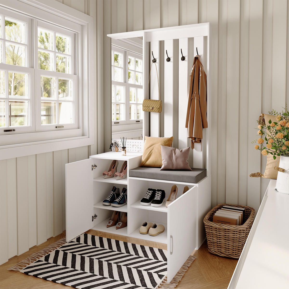 GARDEROBE 6-in-1 Weiß mit Spiegel, Sitzbank und Schuhschrank für den Flur - Weiß, Holzwerkstoff (40/180/100cm) - SHOPENTRA