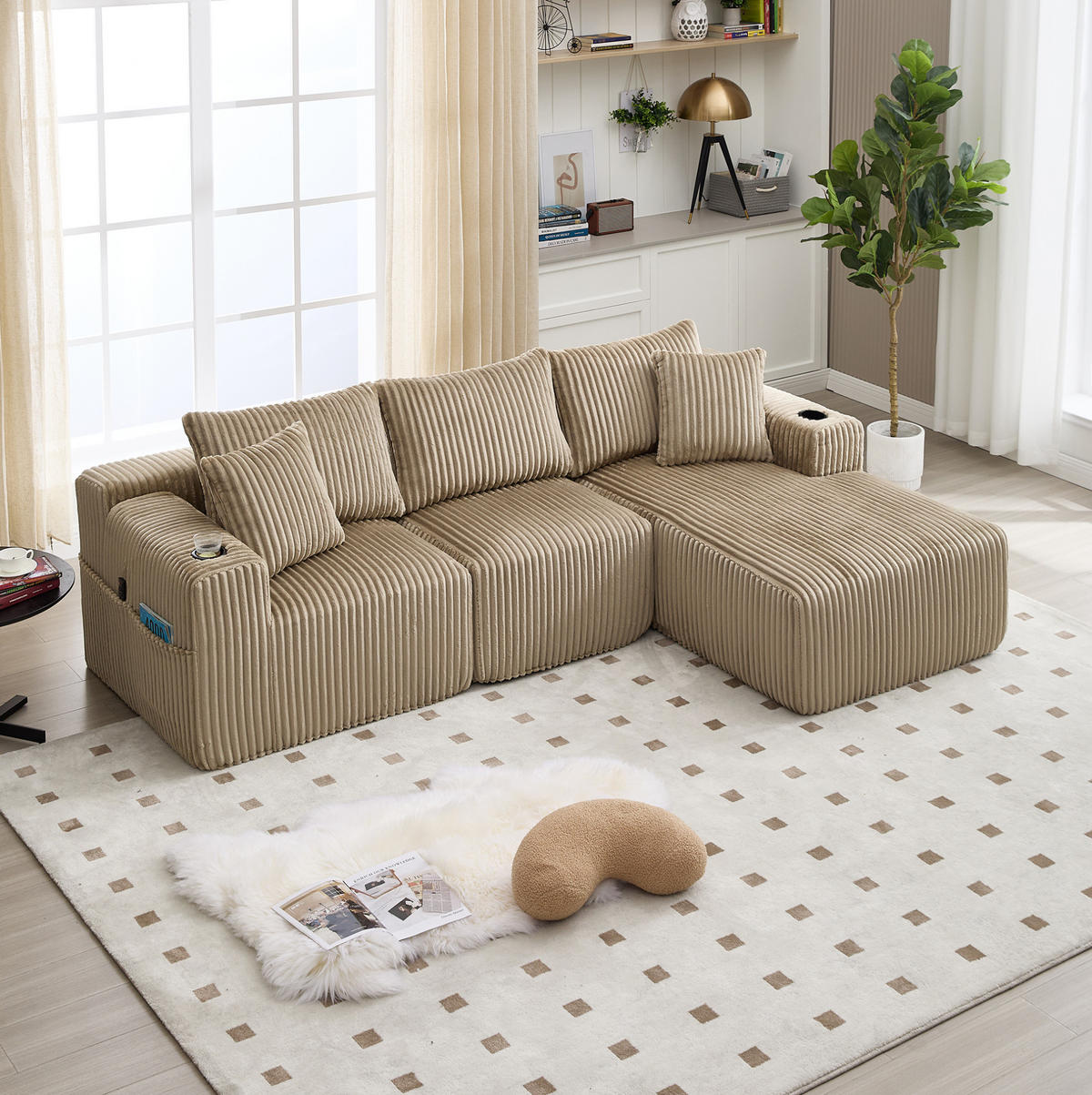 ECKSOFA 257/90-160/62 cm khaki aus Cord mit Chaiselongue - Sandfarben, Textil (160/257cm) - OKMYHOME