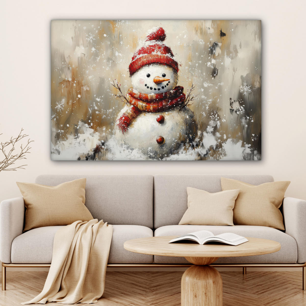 LEINWANDBILD Schneemann - Winter - Schnee - Beige XXL 150x100 cm - Weiß, Textil (150/100cm) - MuchoWow