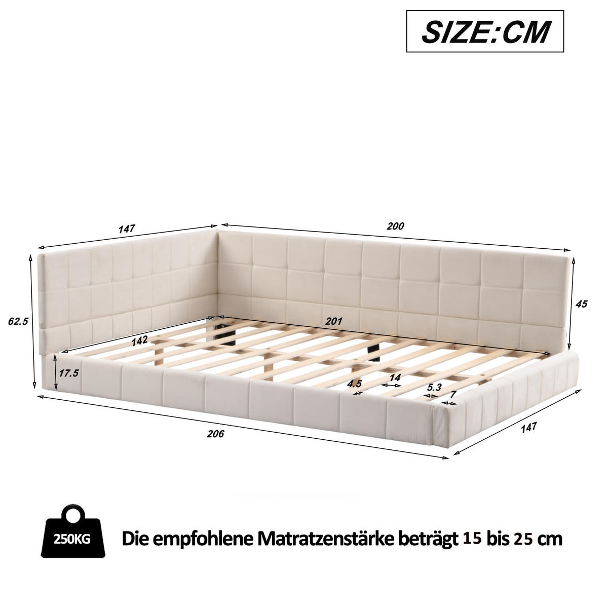 TAPECIRANI dnevni krevet 140/200 cm bež od tkanine s letvičastom podlogom i naslonom - bež, tekstil (140/200cm) - OKWISH