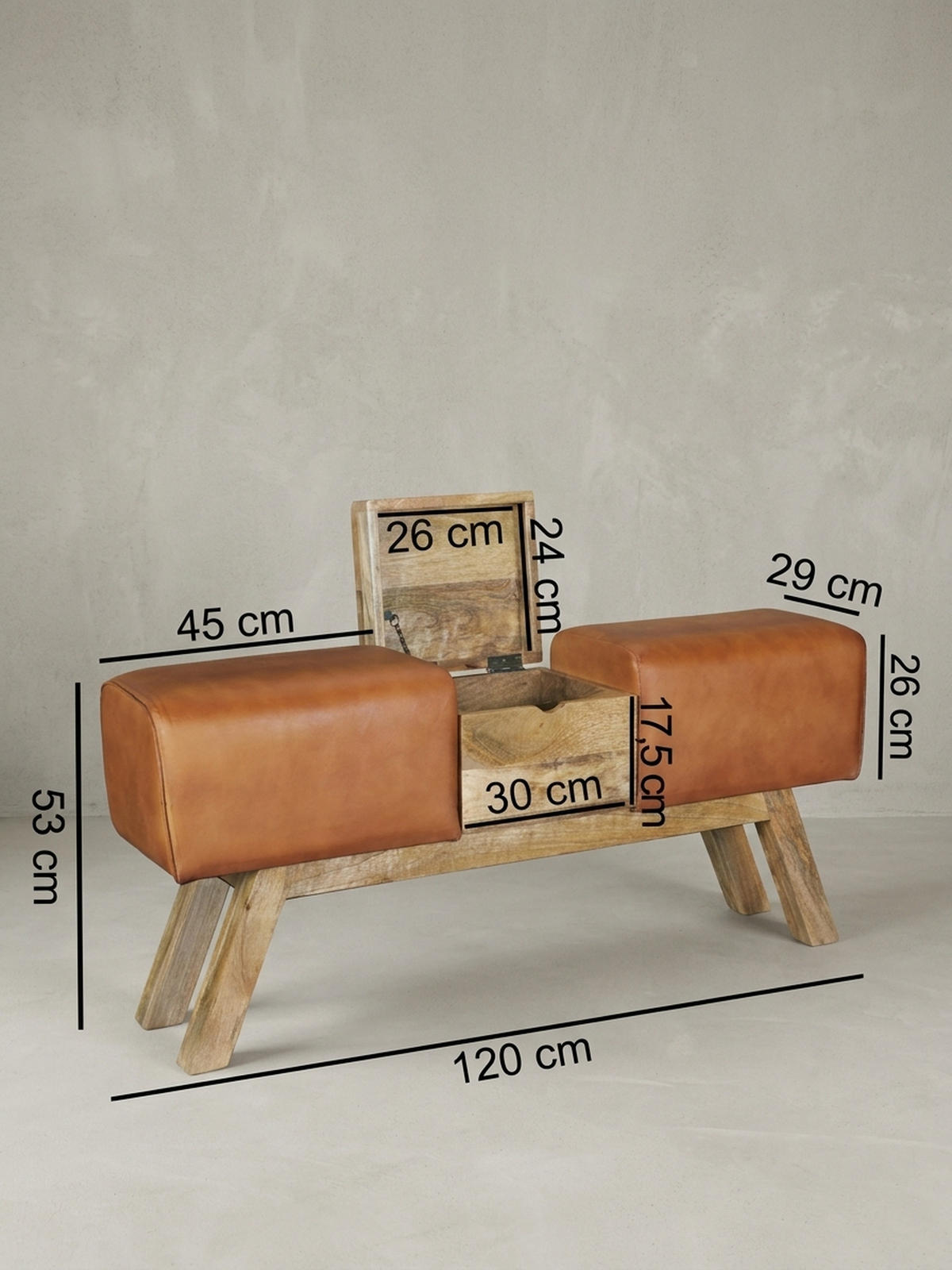 SITZBANK – Echtleder/Holz, 120 cm, Retro-Stil, mit Stauraum - Braun, Leder/Holz (120/53/29cm) - KADIMA DESIGN