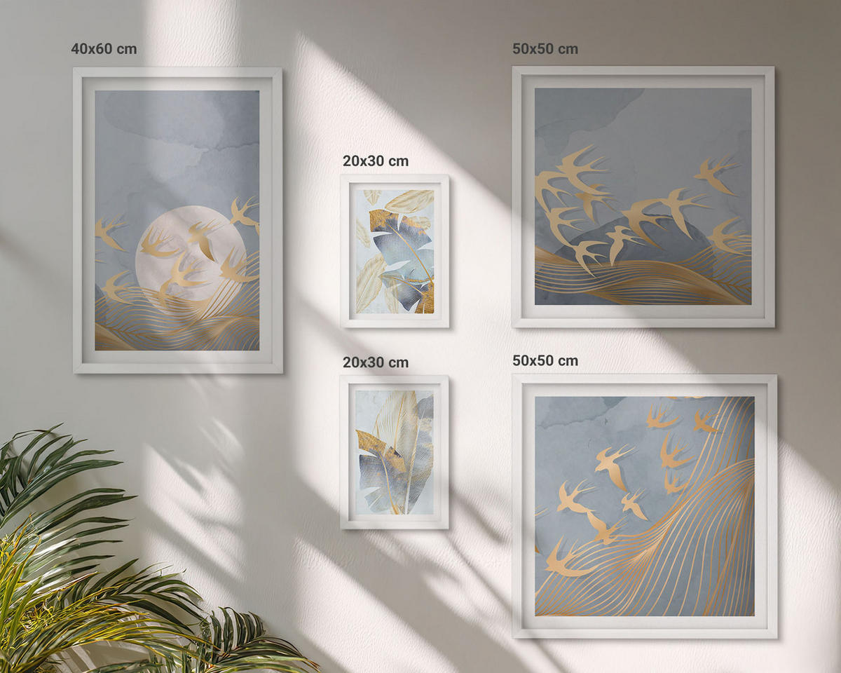 WANDBILDER 5er-Set - 50x50 cm & 20x30 cm & 40x60 cm Weißer Rahmen - Blaubeige Blätter im Hintergrund - Weiß, Kunststoff (40/60cm) - ArtPrintCave