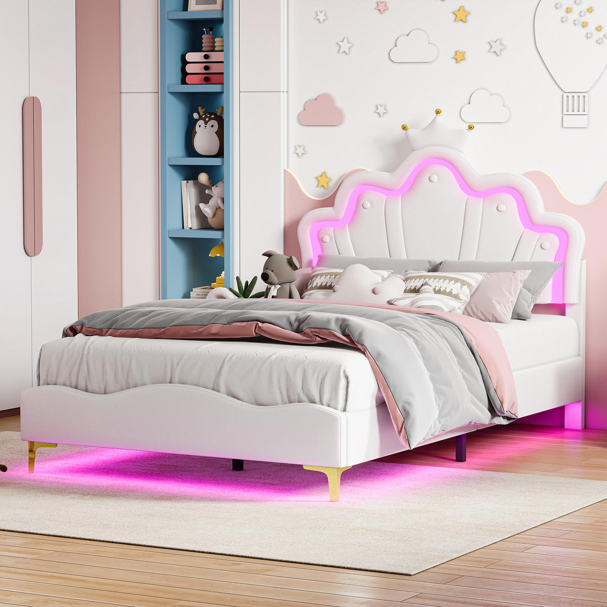 ČALÚNENÁ posteľ 140x190 cm s LED osvetlením, korunou a PU poťahom, biela - biela, kov (140/190cm) - EuroLiving