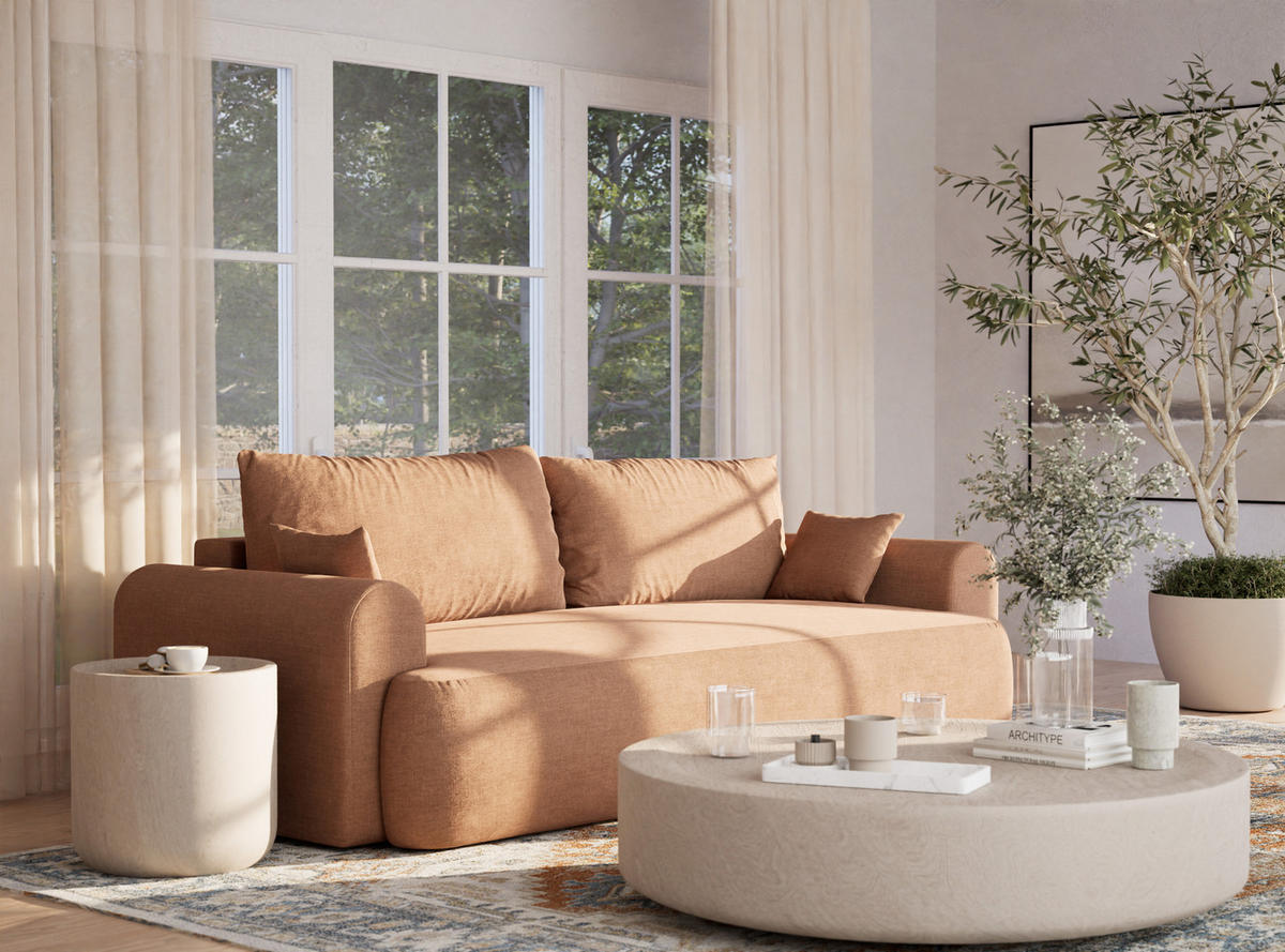 SOFA MIT SCHLAFFUNKTION Toluca Hellbraun Chenille-Stoff - Hellbraun/Schwarz, Holz/Holzwerkstoff (247/69/104cm) - Maison de Reve