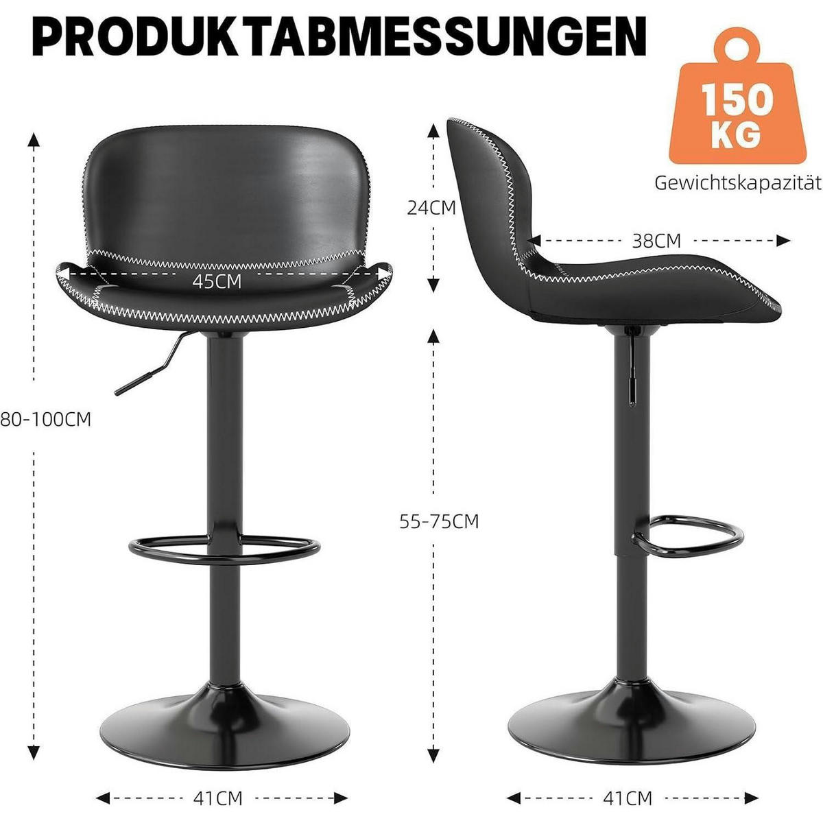 BARHOCKER 2er-Set Kunstleder Schwarz Höhenverstellbar Drehbar - Schwarz, Kunststoff (45/100/38cm)