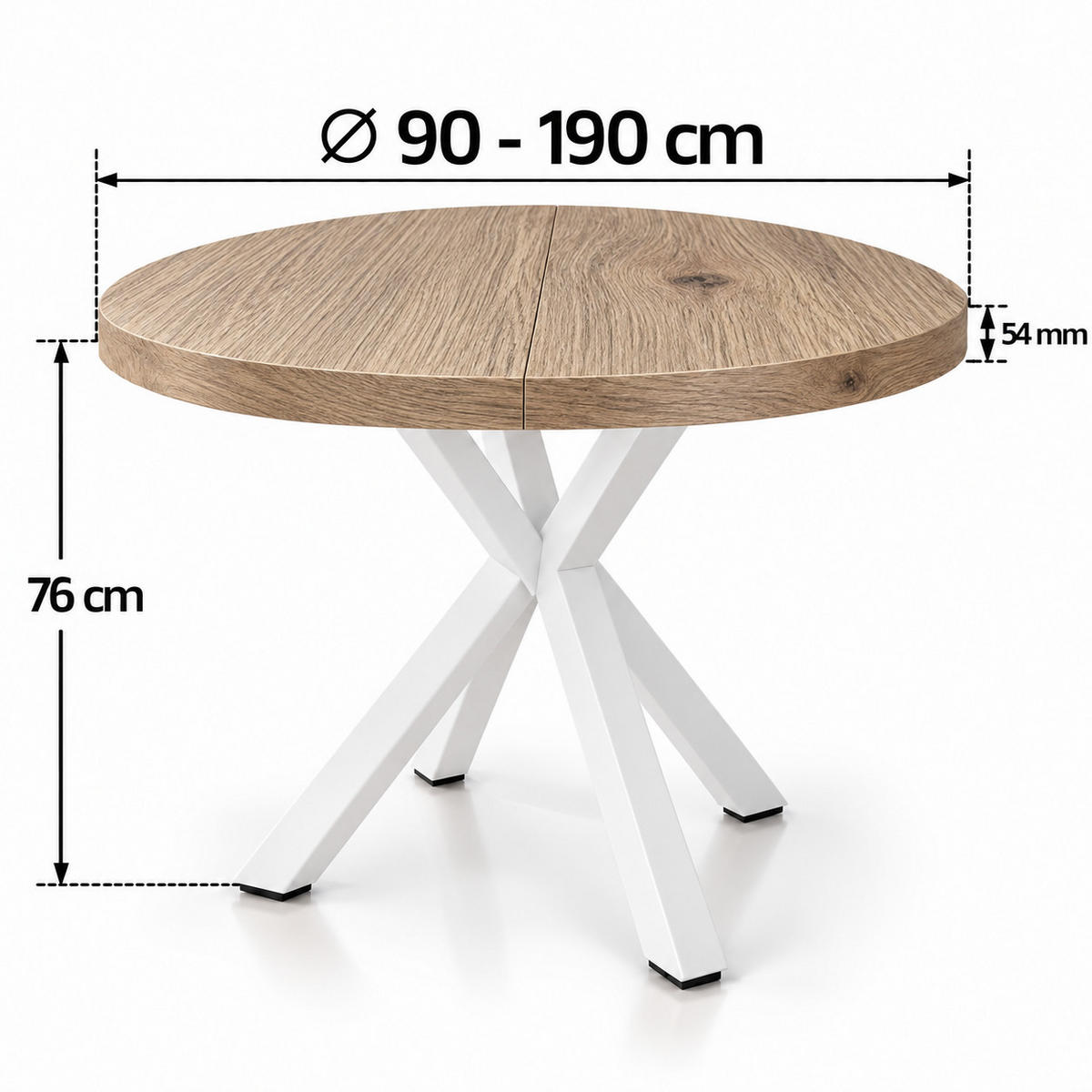 ESSTISCH rund ausziehbar 90/190/76 cm, Halifax Eiche, 54 cm Tischplatte + X Metallbeine weiß - Eichefarben/Weiß, Holzwerkstoff/Metall (90/190/76cm) - Damale Möbel