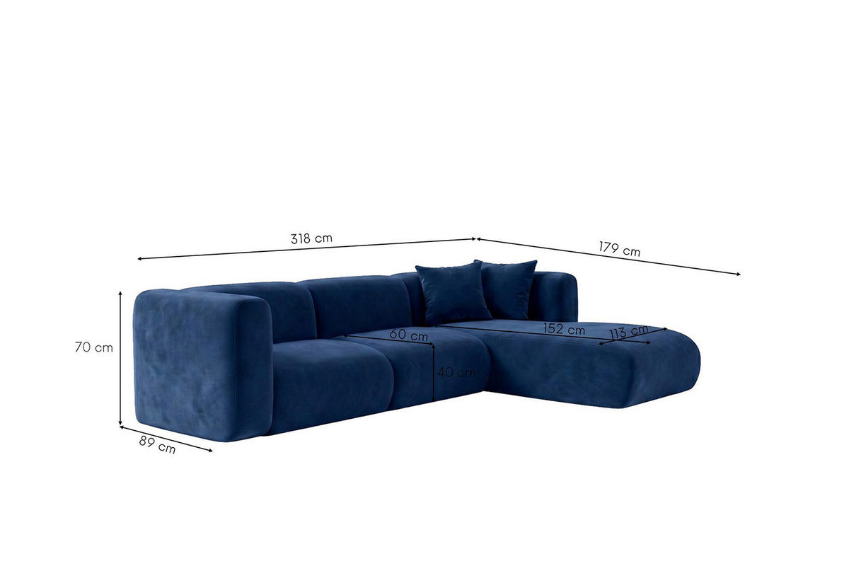 ECKSOFA L-Form, Velvet-Stoff Bluvel, Tintenblau, Rechts, GRETA - Blau, Holz (318/179cm) - Kaiser Möbel