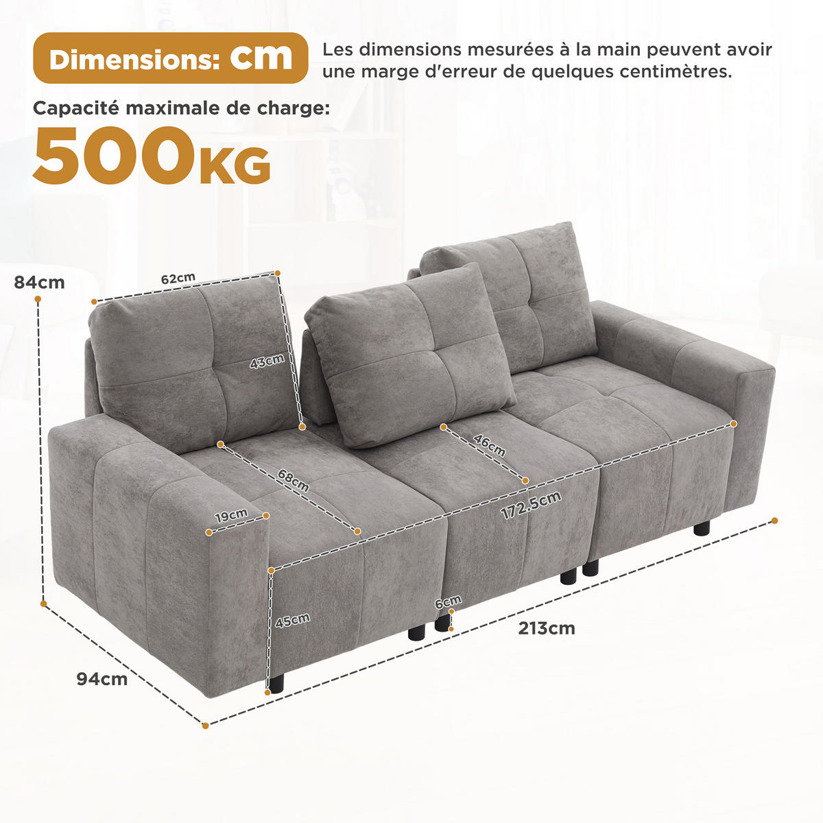 3-SITZER SOFA Chenille Grau mit Schlaffunktion - Grau, Holzwerkstoff/Kunststoff (213/84/94cm) - WISHDOR