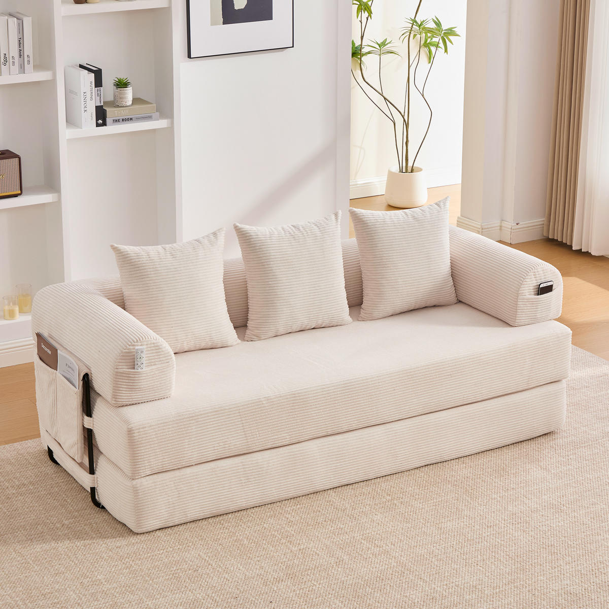 SCHLAFSOFA 200/94/67 cm Beige mit Seitentaschen plus und 3 Kissen - Beige, Textil (200/67/94cm) - Oxeza