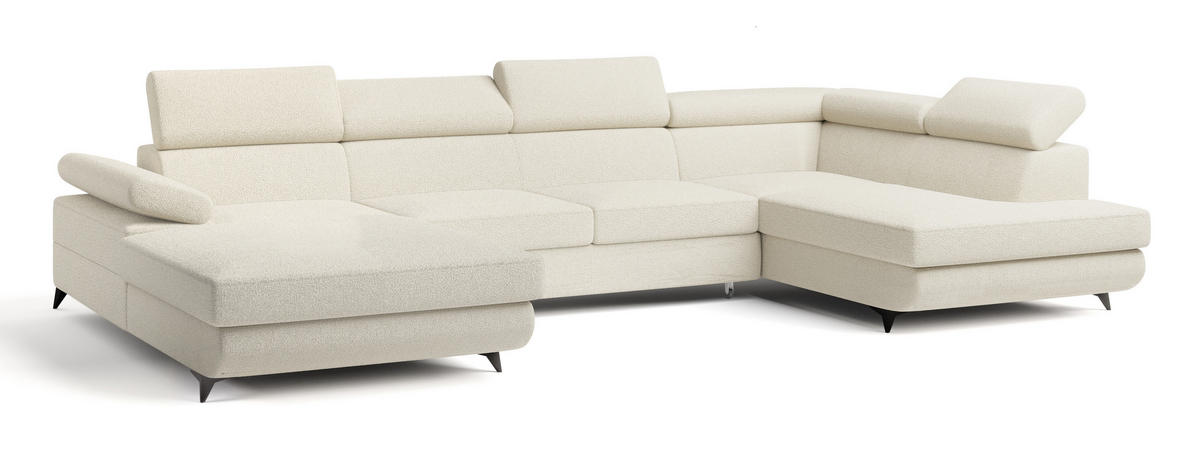 WOHNLANDSCHAFT RUBANO R-S Creme Boucle-Stoff mit Schlaffunktion - Creme, Holz (339/89/190cm) - MASSENO