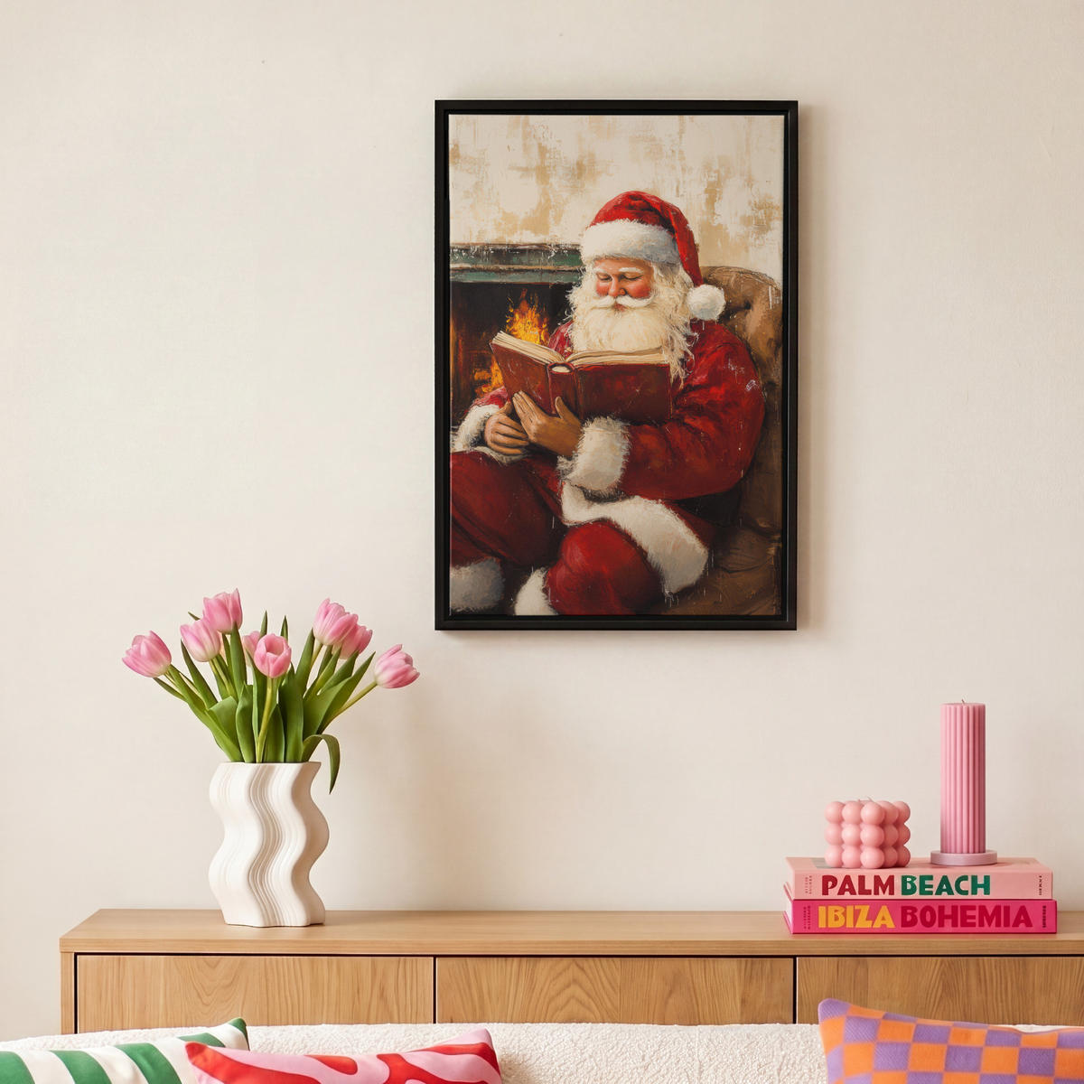 LEINWAND Bilder mit Rahmen - Weihnachten - Weihnachtsmann - Winter - Open Fireside - 20x30 - Dunkelrot, Textil (20/30cm) - MuchoWow