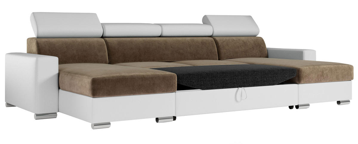 WOHNLANDSCHAFT FOX U Braun/Weiß - Velvet/Kunstleder - Silberfarben/Braun, Kunststoff/Textil (306/98/168cm) - MKS