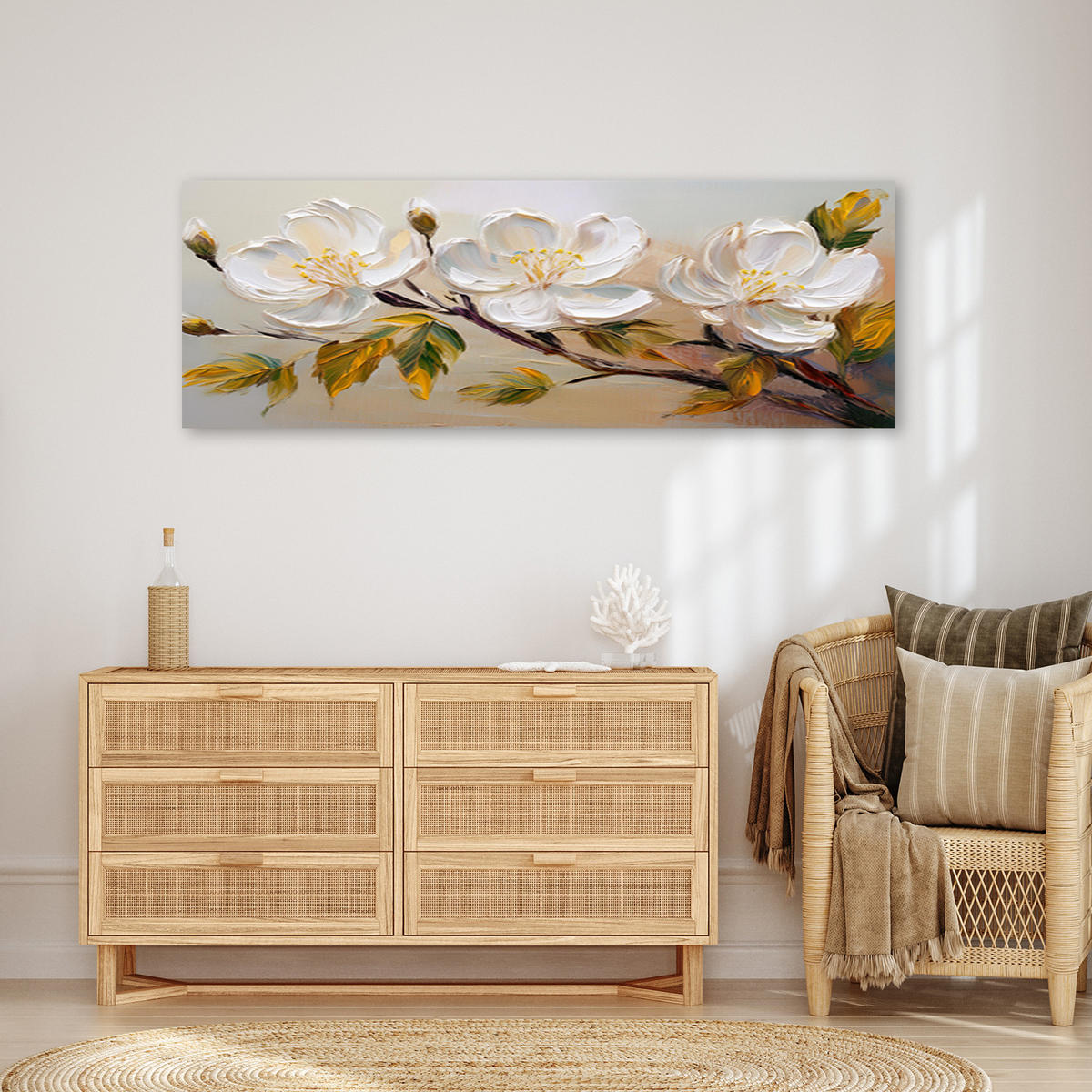WANDBILD weiße blumen pflanzen zweig - Weiß, Textil (90/30cm) - Feeby