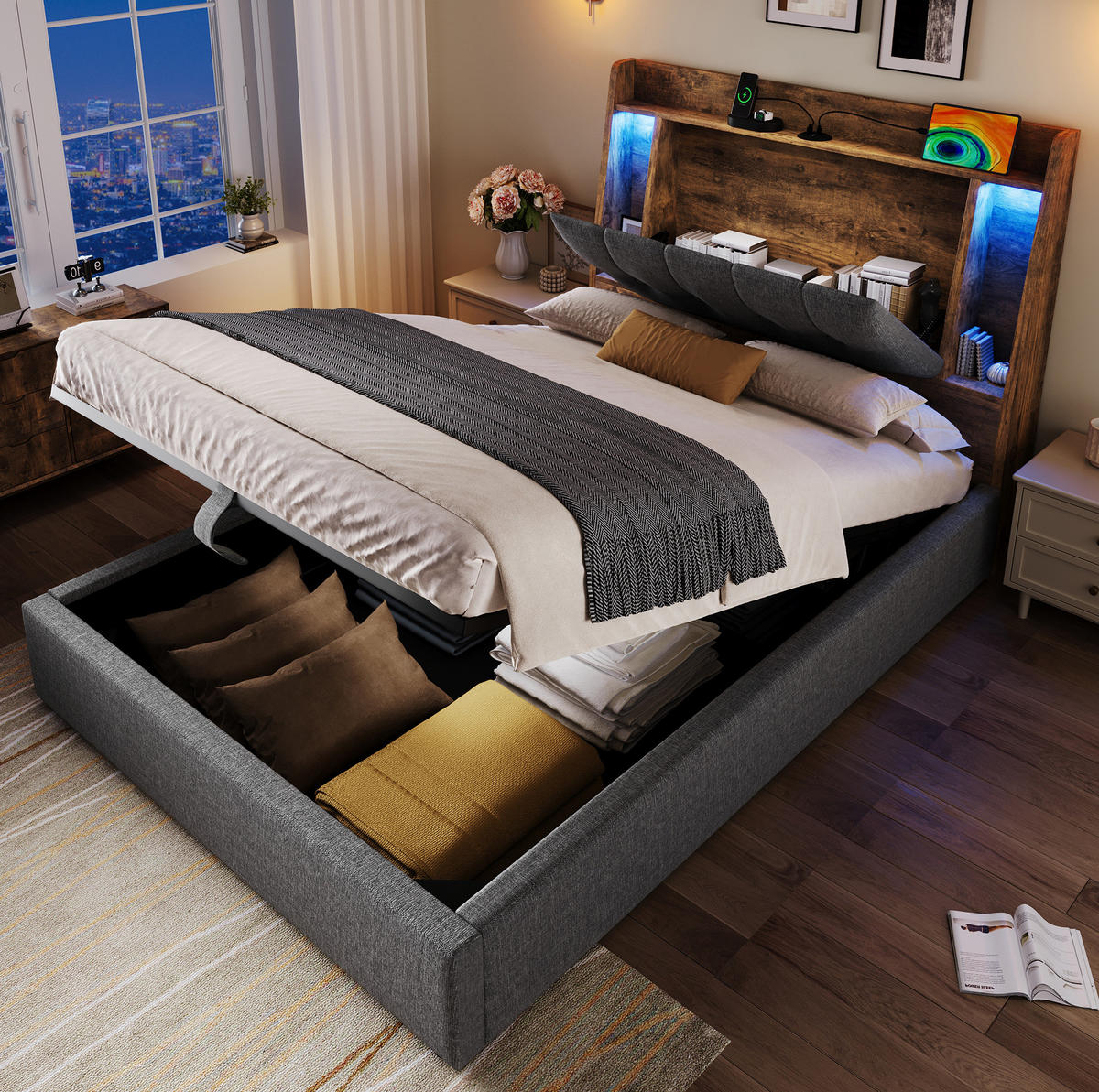 POLSTERBETT 90/200 cm Grau aus Leinen und MDF mit LED-Beleuchtung - Grau, Textil (90/200cm) - OKMYHOME