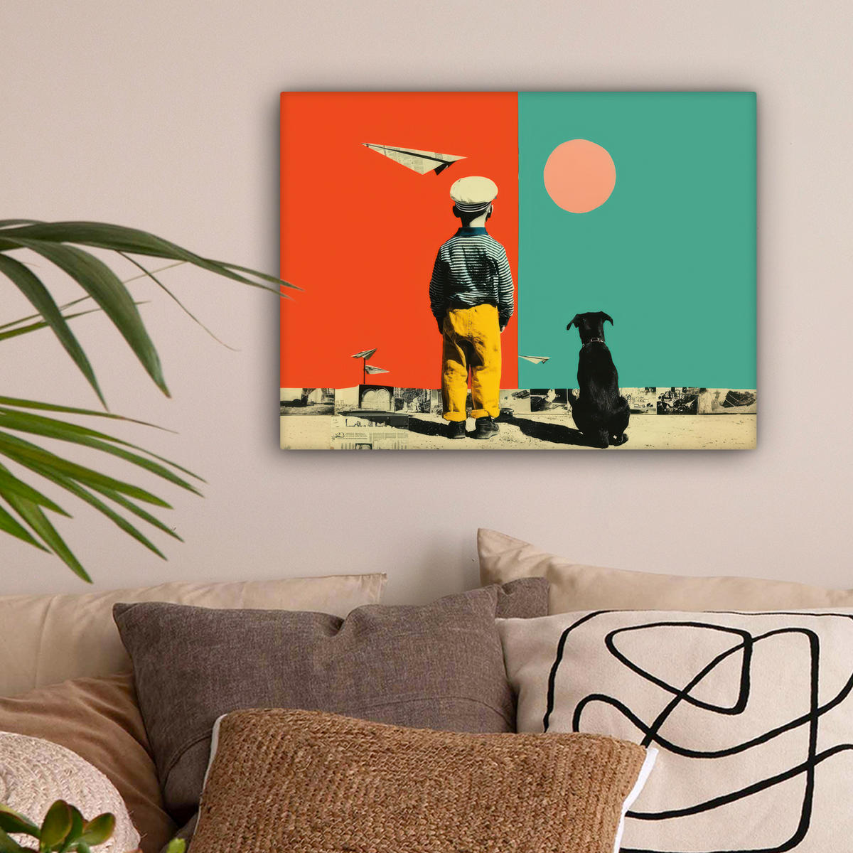 LEINWANDBILD Retro - Junge - Hund - Rot - Grün Wandbild 40x30 cm - Orange, Textil (40/30cm) - MuchoWow