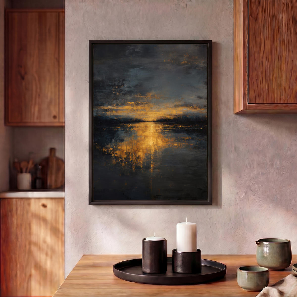 LEINWAND Bilder mit Rahmen - Goldene Reflexion auf dem Wasser - 30x40 - Anthrazit, Textil (30/40cm) - MuchoWow