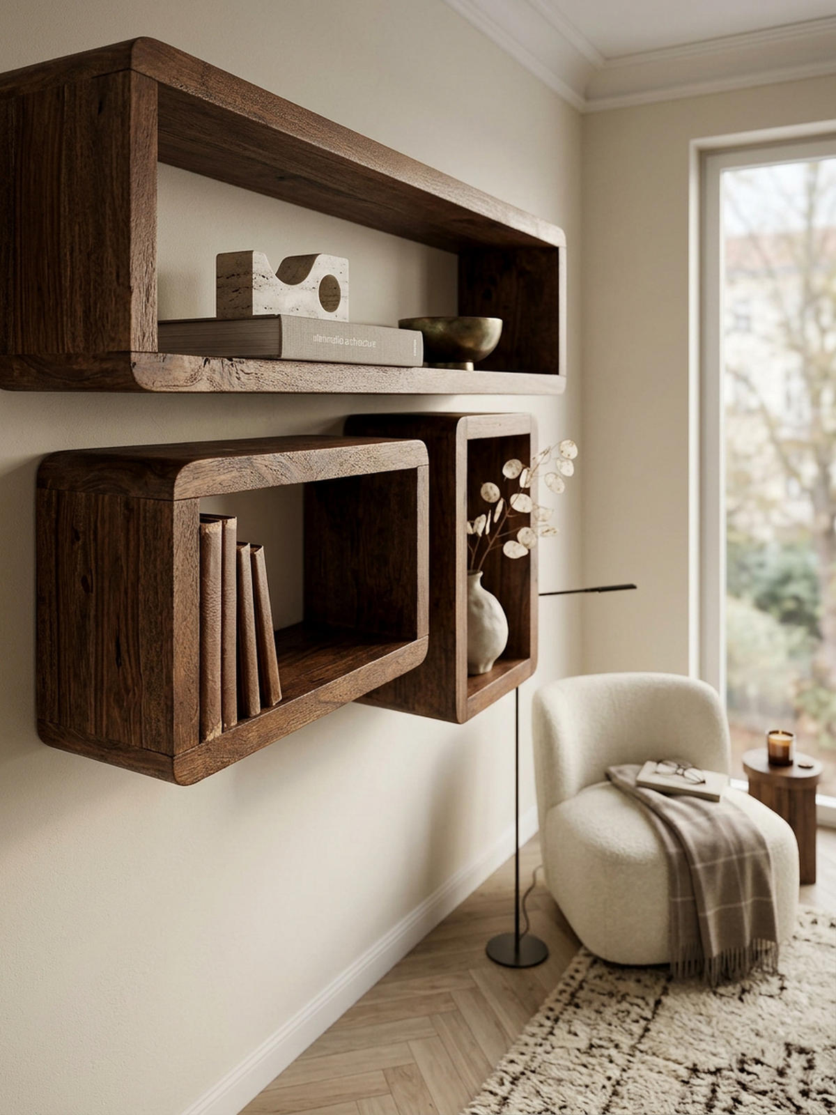 WANDREGAL Set TEKO CUBES Massivholz Abgerundete Ecken, Braun 80x15x20 cm - Braun, Holz (80/20/15cm) - KADIMA DESIGN