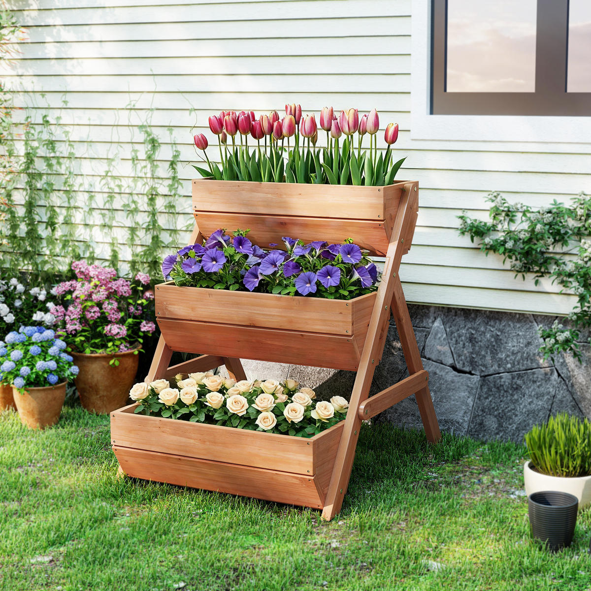 BLUMENTREPPE mit 3 Etagen aus Holz 65/75/76 cm - Braun, Holz (65/76/75cm) - Outsunny