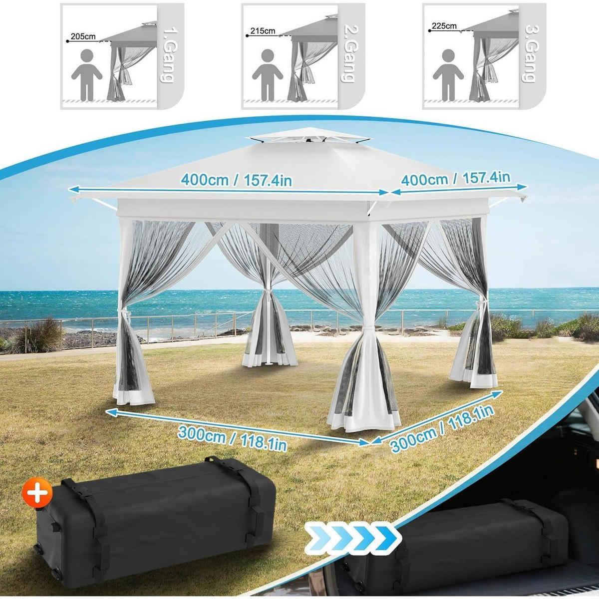 PAVILLON 4x4m mit Moskitonetz und Doppeldach Höhenverstellbar Weiß - Weiß, Metall (300/285/400cm)