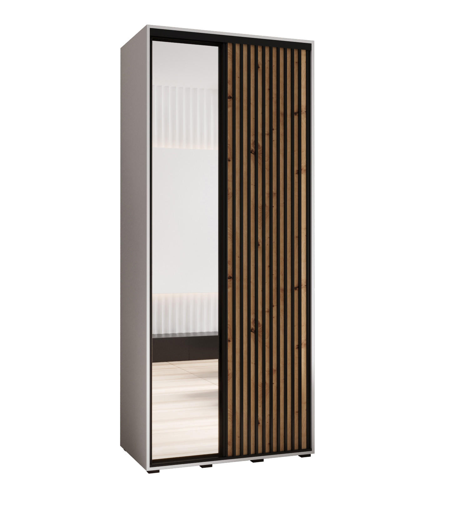 Abiks Möbel Schwebetürenschrank Weiß, Eiche Artisan, Schwarz 100x205.2x60 cm