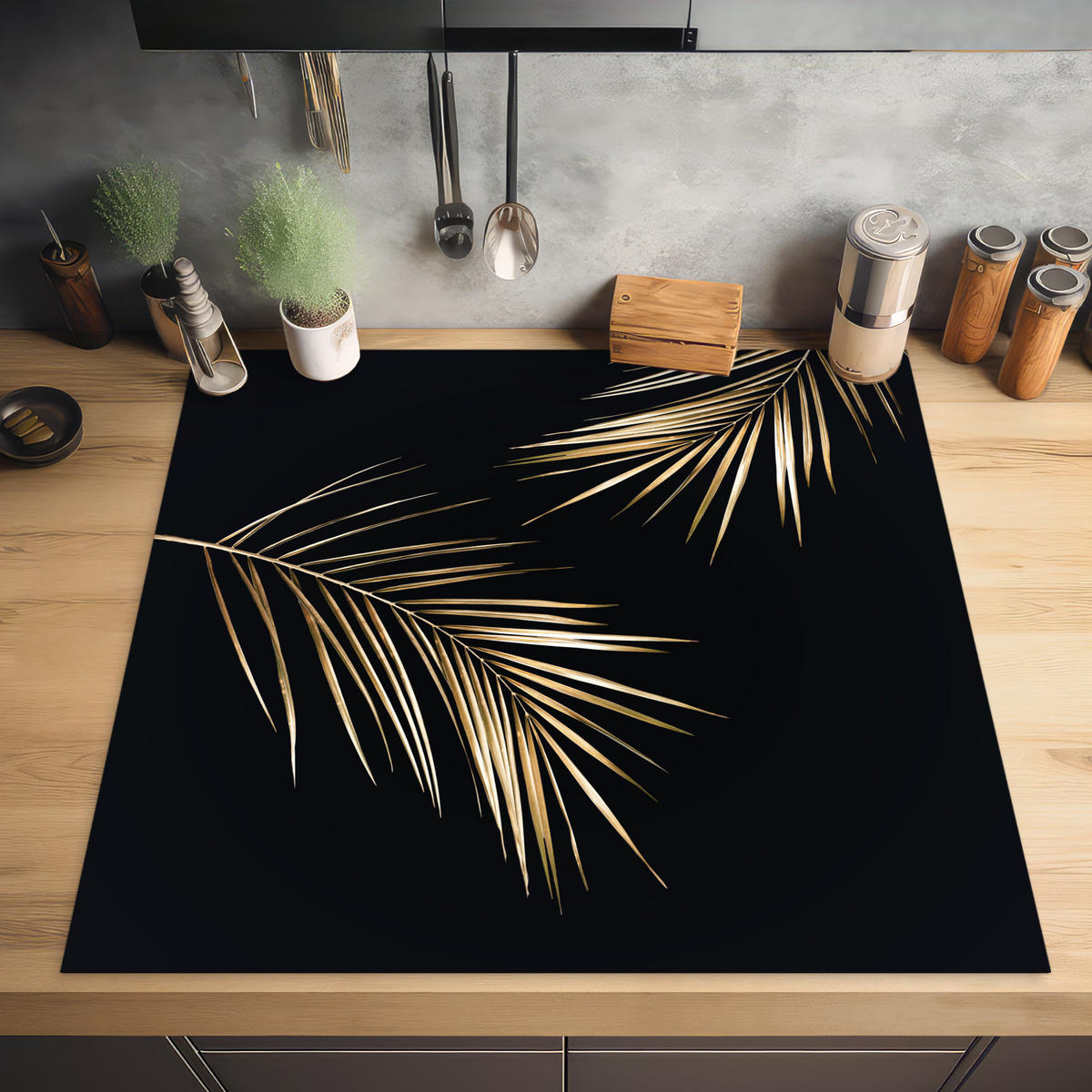 HERDABDECKPLATTE Blätter - Pflanzen - Gold - Schwarz - Luxus 78x78 cm - Goldfarben, Kunststoff (78/0.2/78cm) - MuchoWow