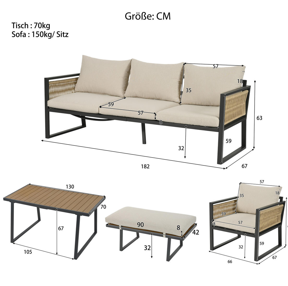 GARTENSET 5-tlg. 187x67x63cm beige aus Stahl und Seil, wasserdicht - Beige, Textil - Modfu