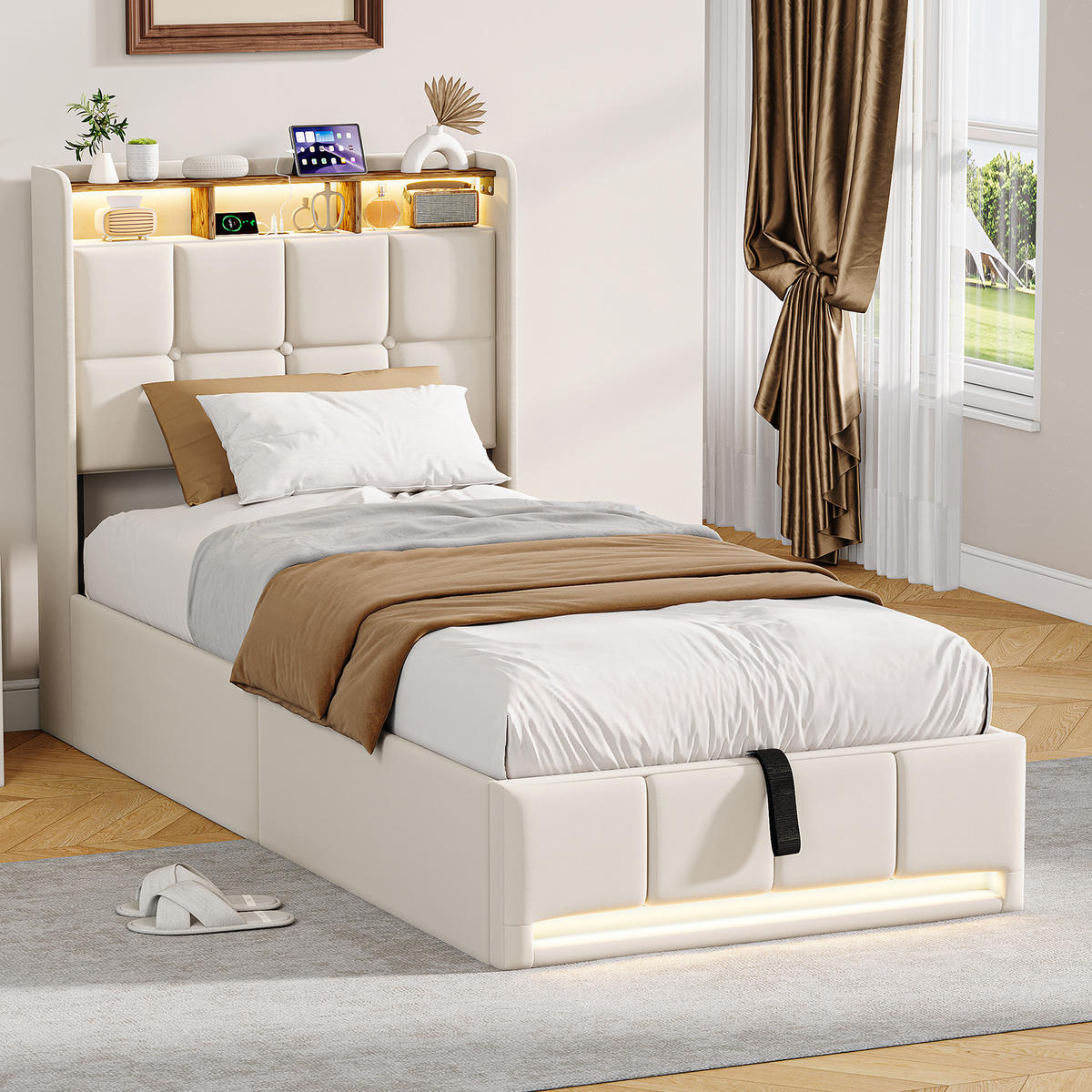 POLSTERBETT 90x200 cm Beige mit LED Beleuchtung, Kopfteil mit Stauraum und USB/Type-C, hydraulisches Stauraumbett - Beige, Metall (90/200cm) - EuroLiving