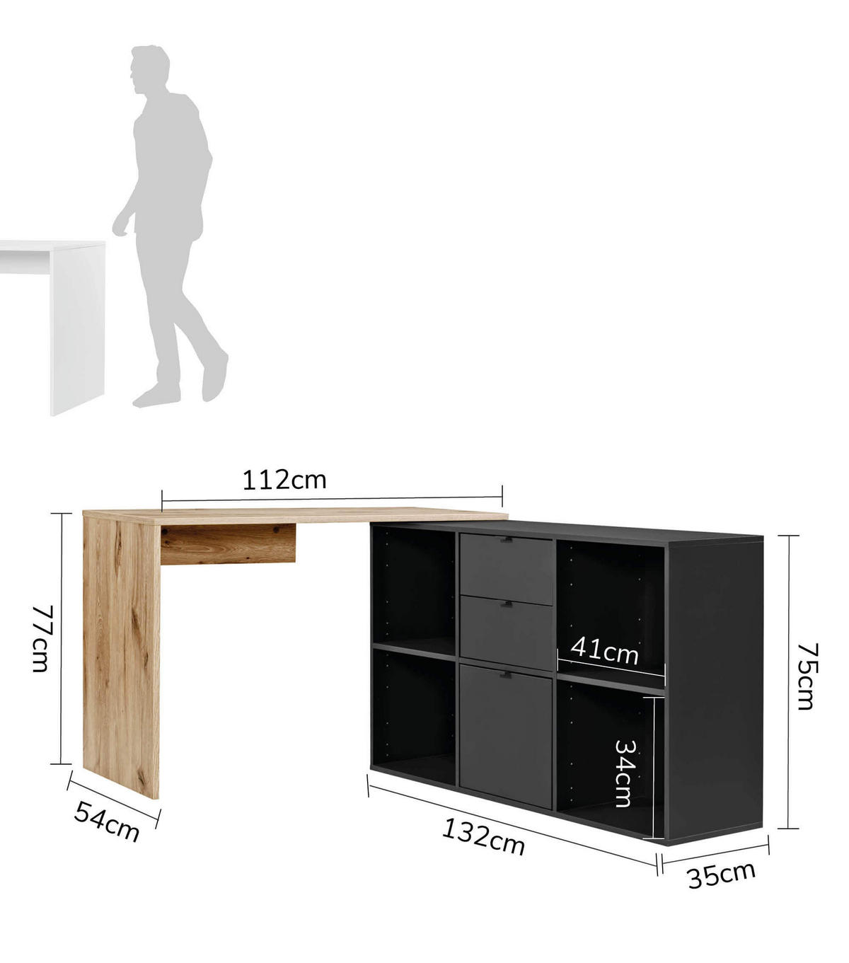 ECKSCHREIBTISCH Der Produktive - Eichefarben/Schwarz, Holzwerkstoff (54/112/77cm) - Mokebo