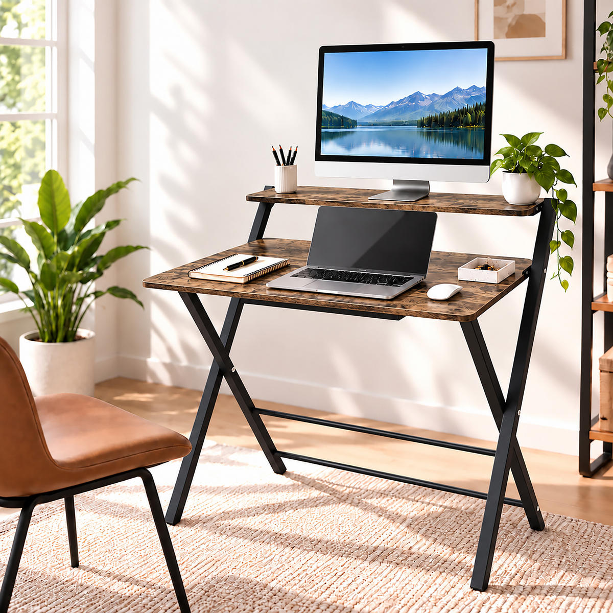 SKRIVBORD Brun Svart fällbart med monitorhylla MDF metall - Multicolor, Träbaserade material/Metall (56/70/82cm) - Relaxdays