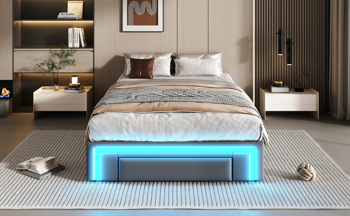 BETT 90x200 cm LED Schubladen grau - Grau, Textil (90/200cm) - LEBENLANG