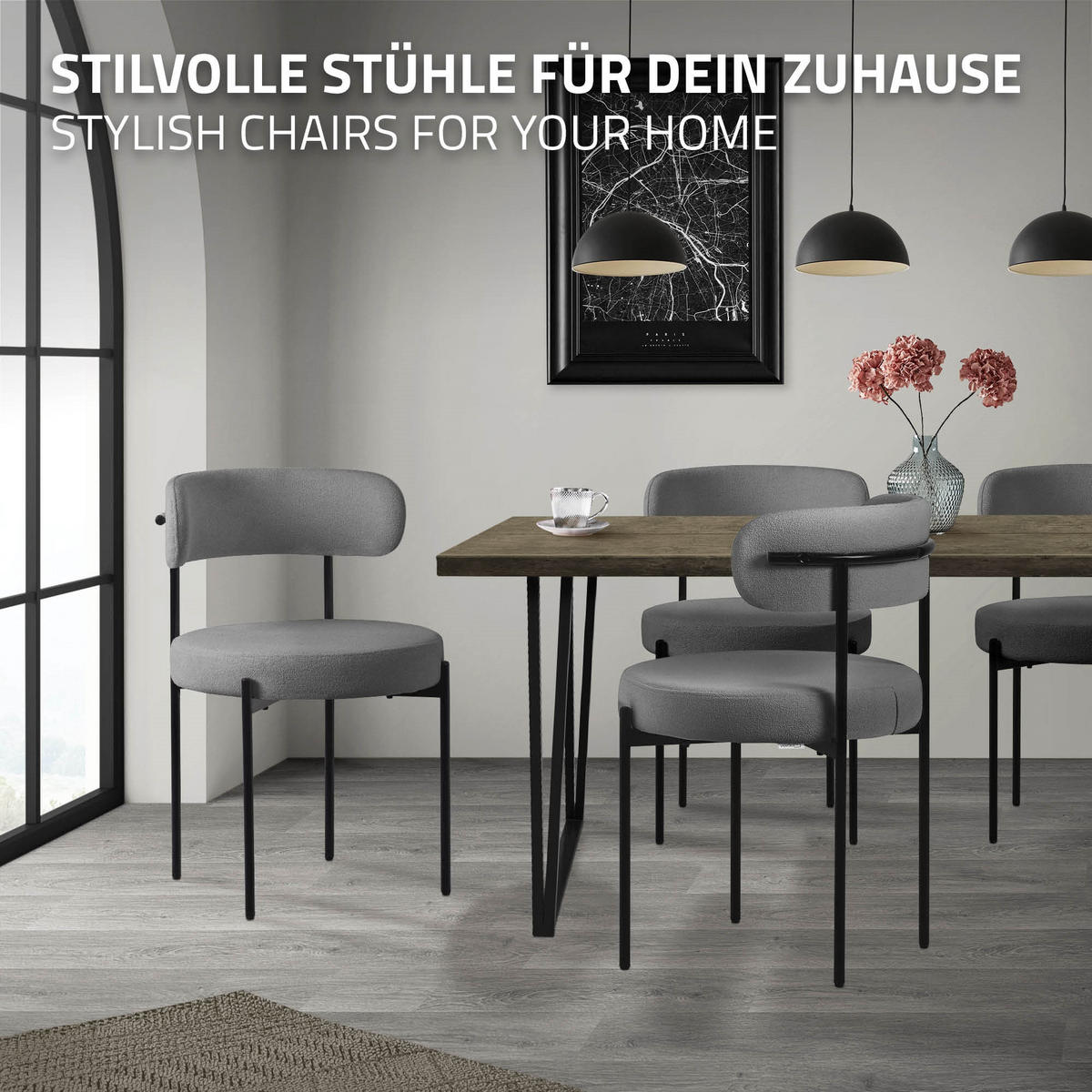 ESSZIMMERSTUHL 6er Set Teddystoff grau - Schwarz/Grau, Metall (53/78/50cm) - ML-DESIGN