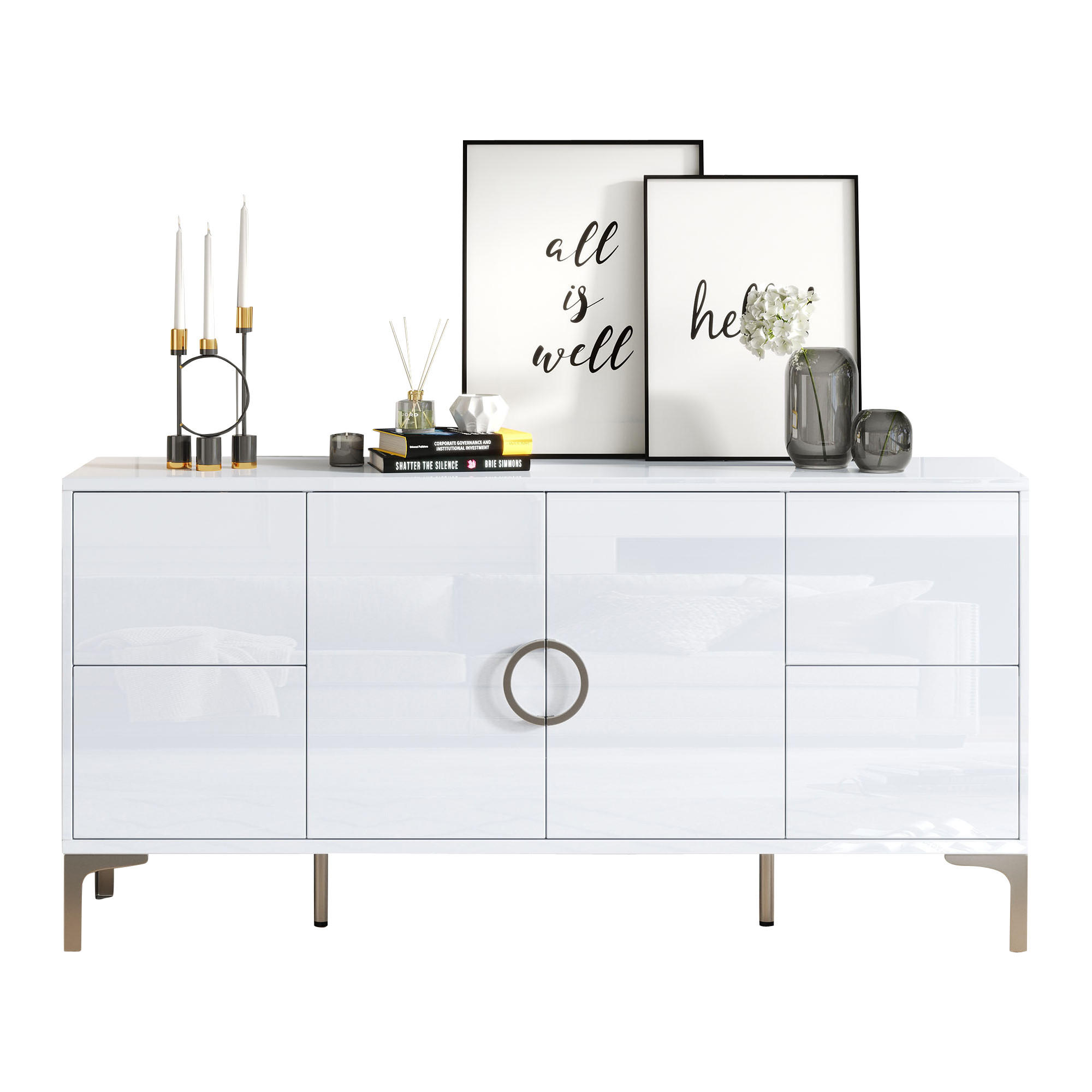 SIDEBOARD 150/38/59,5 cm Weiß aus MDF mit 4 Schubladen - Weiß, Holzwerkstoff (150/59.5/38cm) - OKWISH