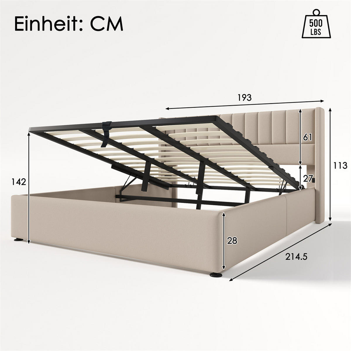 POLSTERBETT 180/200 cm in Beige Leinen - Beige, Holz/Textil (180/200cm) - KOMHTOM
