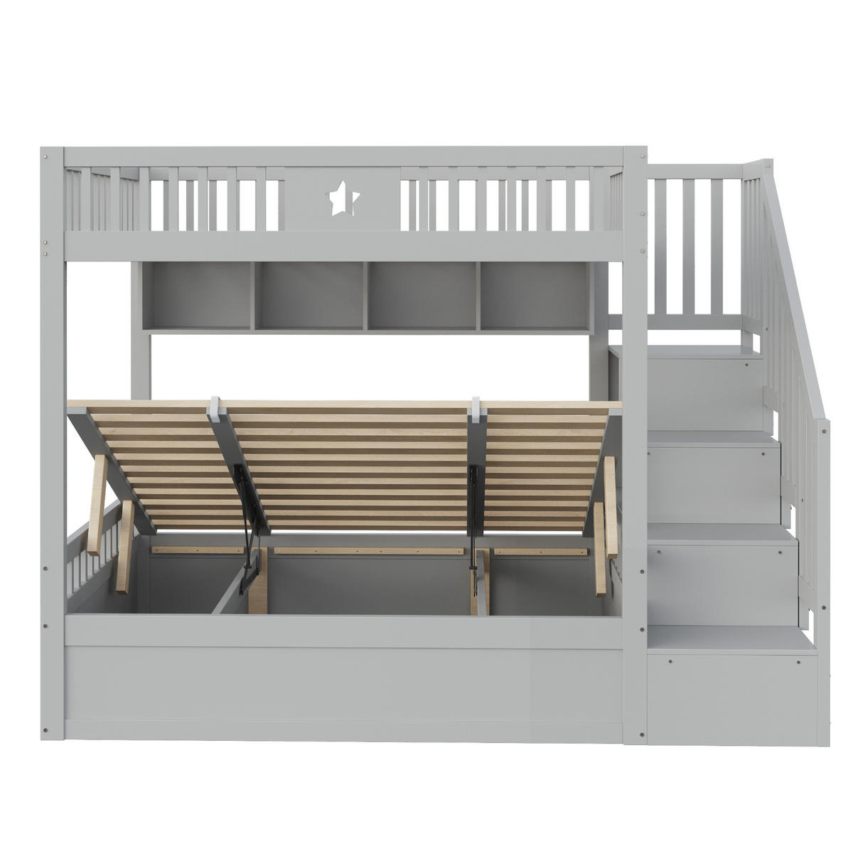 HOCHBETT aus Holz 140x200 cm Grau mit hydraulischem Stauraum, Regalen, Treppenschubladen und Sicherheitsgeländer - Grau, Holzwerkstoff (140/200cm) - Modfu