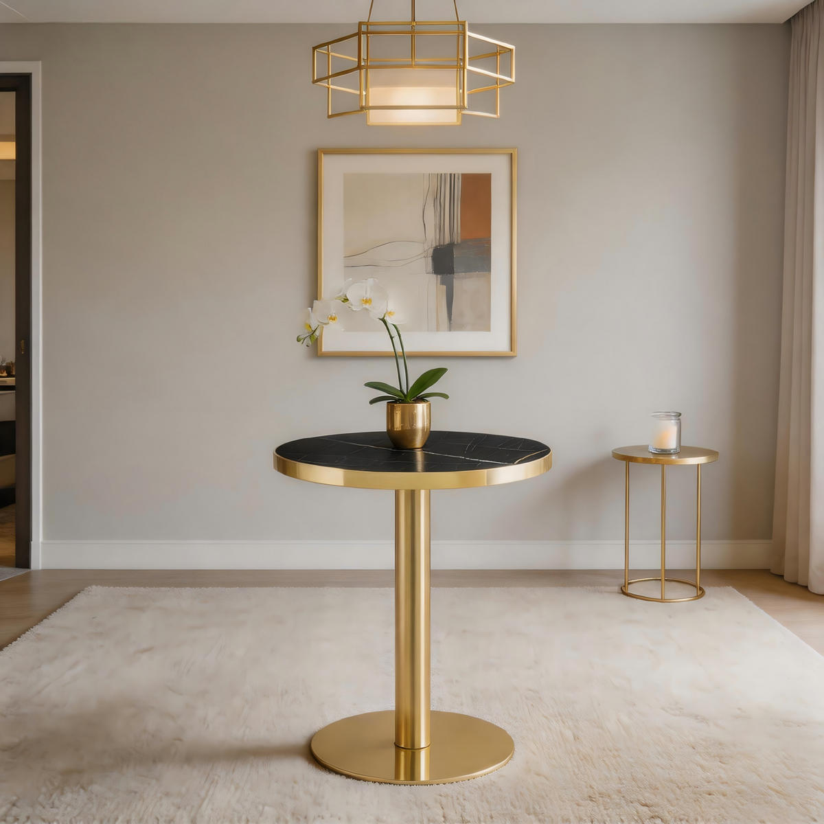 COUCHTISCH Beistelltisch mit Marmoroptik & Goldrand, Rund, Einheitsgröße / MDF + Edelstahl - Goldfarben/Schwarz, Holzwerkstoff/Metall (59.5/59.5/73.5cm) - EVRYAE
