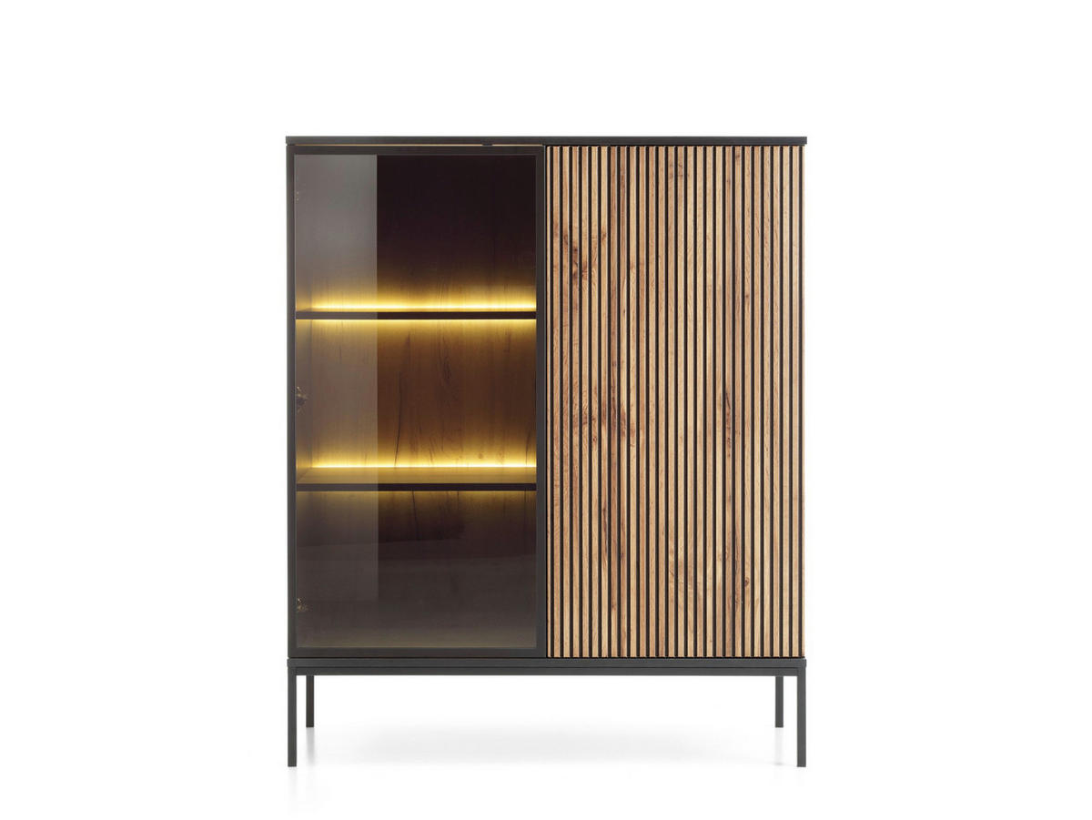 MODERNE Geriffelte Vitrine LAGOS W2D (Schwarz, Eiche Wotan, LED, Metallfüße, Push to Open) - Eiche Wotan/Schwarz, Glas/Holz (104/126/39cm) - Ravio