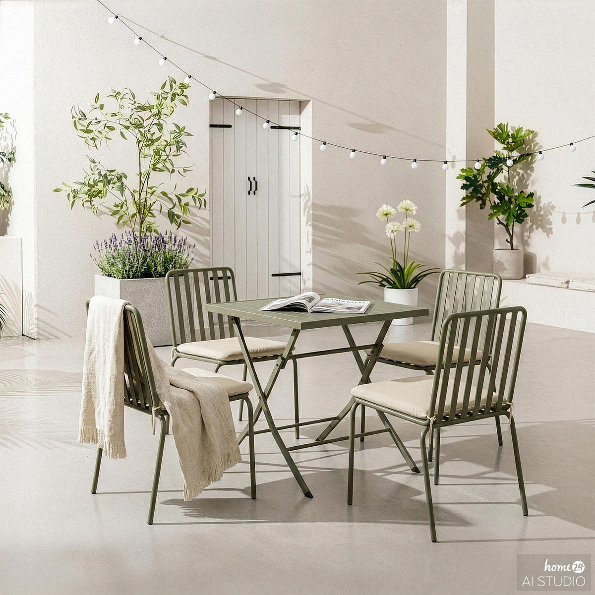 GARTENESSGRUPPE - 5-teilig - Stahl - Taupe - Salbeigrün, Textil/Metall - home24