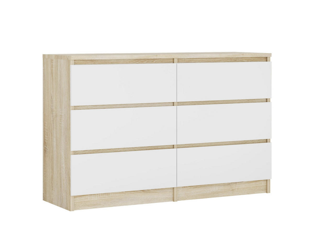KOMMODE 6 Schubladen, Farbe: Sonoma-Eiche / Mattweiß, 120 cm x 39 cm x 78 cm - Weiß/Sonoma Eiche, Holzwerkstoff (120/78/39cm) - 3XE LIVING
