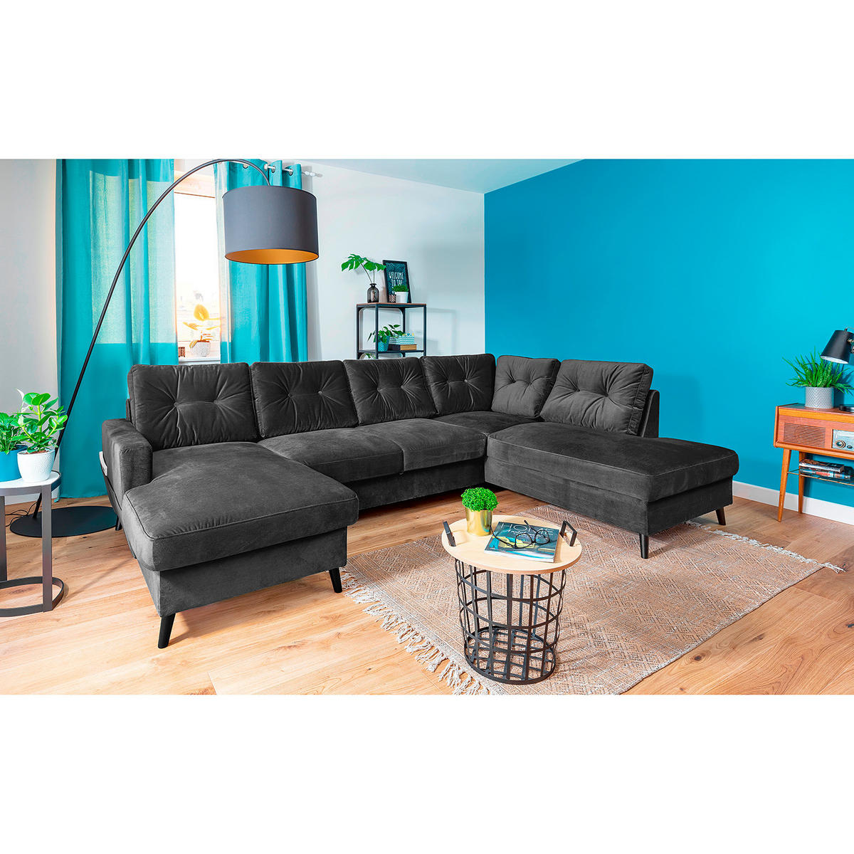 WOHNLANDSCHAFT mit Longchair - Schwarz/Grau, Buchenholz/Textil (297/90/200cm) - home24